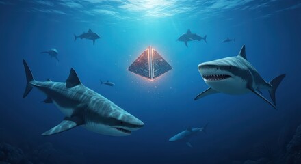 Fototapeta premium Underwater Realm of Great White Sharks Encircling a Mysterious Glowing Pyramid