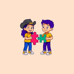 Illustration of a girl and boy holding a puzzle