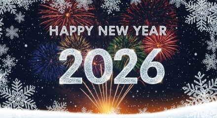 Happy new year 2026 with fireworks and snowflakes