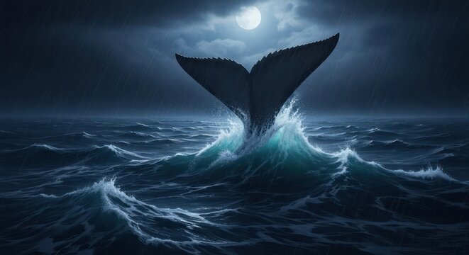 Mystical oceanic scene featuring a whale tail rising from the turbulent waves under a moonlit sky