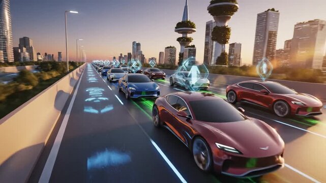 Futuristic Convoy of Autonomous Electric Cars Navigating a Smart Highway with AR Overlays