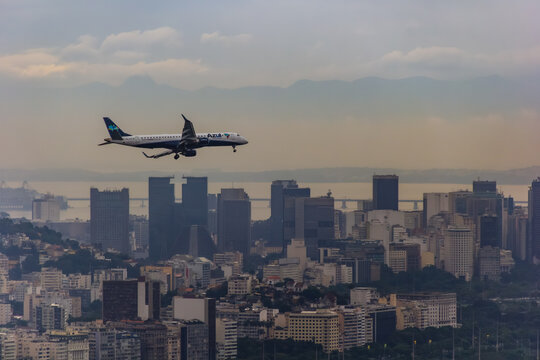 Aircraft landing to the Santos Dumont Airport, viewed from the Sugarloaf Mountain - Rio de Janeiro, Brazil