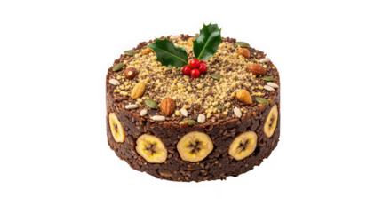 Richly decorated round fruitcake with festive toppings