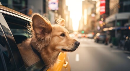 Golden retriever dog looking out of a yellow taxi window on a bustling city street at golden hour for pet travel concept and urban adventure
