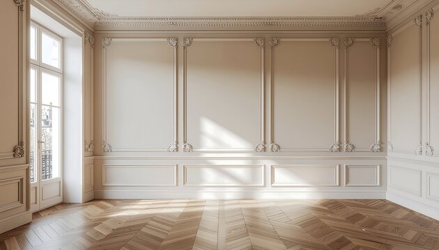 Elegant sunlit empty room in a classic Parisian style apartment with white boiserie walls and herringbone parquet floor