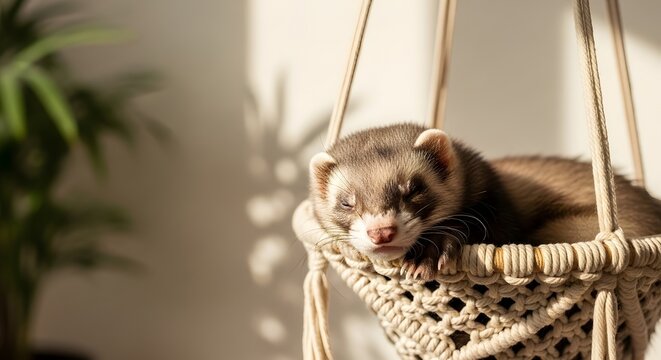 Cute ferret sleeping soundly in a cozy macrame hanging hammock bathed in warm sunlight for pet relaxation concept and domestic comfort