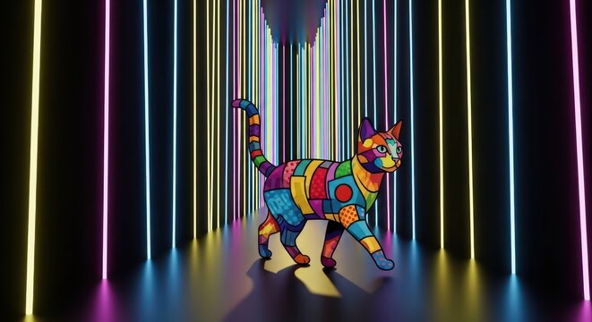 Vibrant mosaic cat traversing a neon-lit corridor, creating a whimsical and futuristic scene
