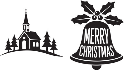 Fototapeta premium Black and white silhouette of a snowy church and pine trees with a merry christmas bell design on a white background