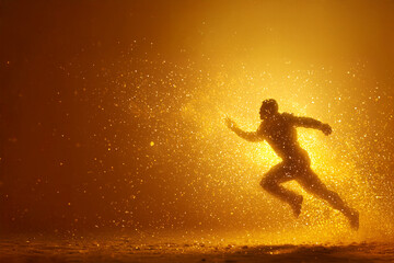 Naklejka premium 金色の光に包まれジャンプする人物のシルエット
