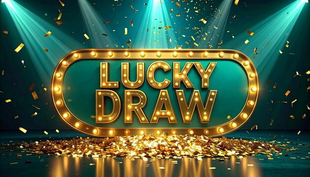 Retro Marquee Lucky Draw Sign with Confetti on Teal Background