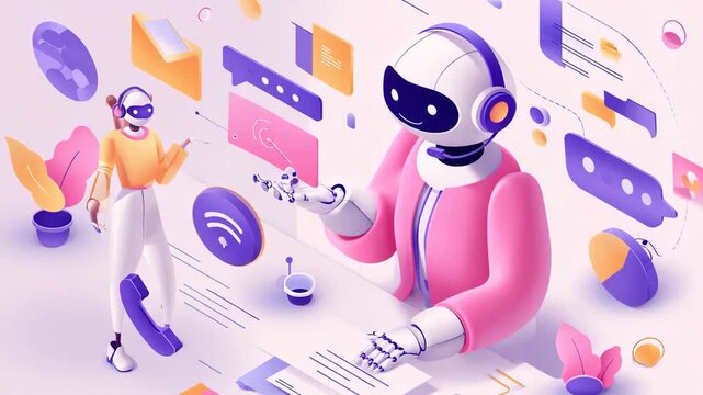 Isometric illustration of a robot and a human collaborating on digital tasks, featuring chat bubbles, data management, and AI assistance in a modern tech environment.
