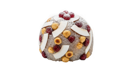 Decorated egg shaped dessert with berries and nuts