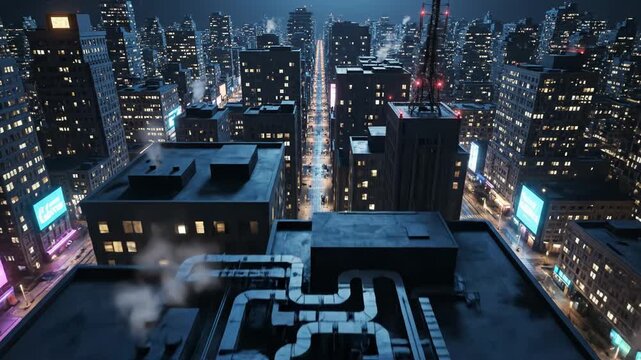 Aerial view from a skyscraper rooftop overlooking a dense, modern city streetscape at night with glowing windows and steam vector illustration