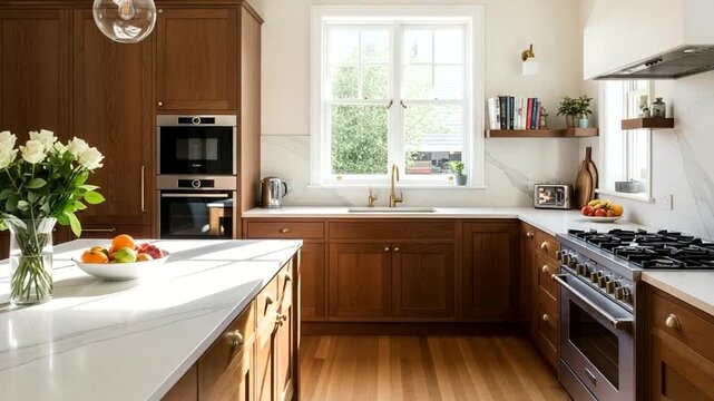 Elegant home interior: showcasing a modern kitchen design with luxurious brown cabinetry and