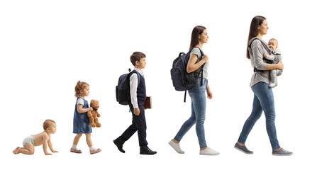 Fototapeta premium Stages of life conceptual progression woman from infancy through motherhood with clear transparent