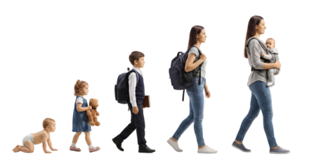 Stages of life conceptual progression woman from infancy through motherhood with clear transparent