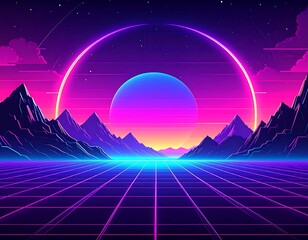 Futuristic landscape with grid, mountains, vibrant colors, neon ring