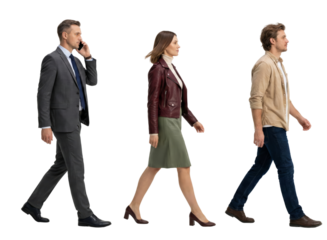 Diverse individuals stride forward showcasing modern professional and casual attire on a