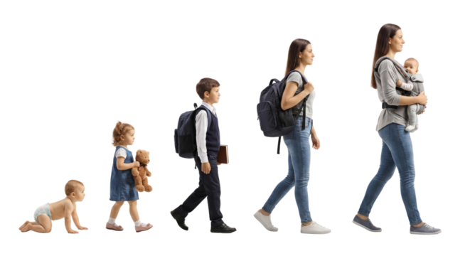 Stages of life conceptual progression woman from infancy through motherhood with clear transparent