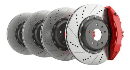 Precision engineering showcasing high-performance car brake rotors with vibrant caliper on a clean