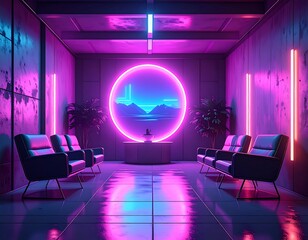 Futuristic waiting room with neon lights and minimalist furniture