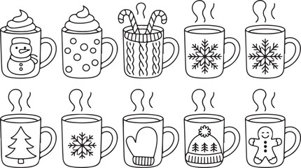Charming hand drawn collection of hot beverages in festive mugs cozy winter drinks for seasonal designs silhouette