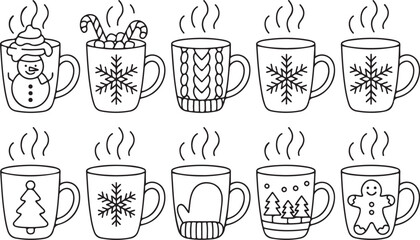 Charming hand drawn collection of hot beverages in festive mugs cozy winter drinks for seasonal designs silhouette
