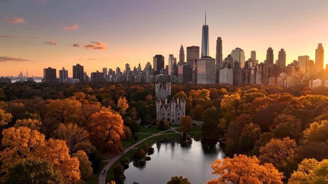 Aerial view of new york city skyline and central park in autumn at sunset with belvedere castle and one world trade center visible vector illustration
