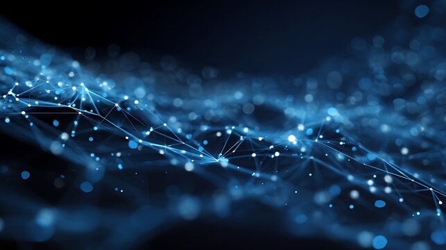 Abstract blue network connection with glowing dots representing data flow.