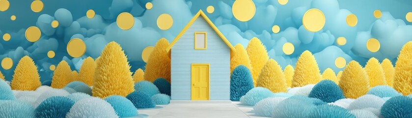 3D scene shows house and finance concept. Whimsical house surrounded by colorful fluffy trees and vibrant clouds.