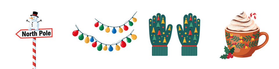 A vector set of festive winter images: Christmas decorations, including a North Pole sign with a snowman, garlands, mittens with a New Year's ornament, and cocoa in a cup with a winter holiday pattern