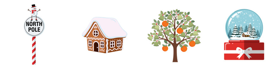 Vector set of festive winter images: Festive Christmas elements including a snowman sitting on a North Pole sign, a gingerbread house, an orange tree with bells, and a snow globe.
