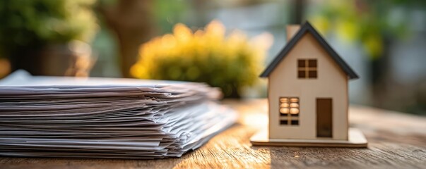 Person reviewing documents with house concept. Miniature house model beside stacked documents on a wooden table.