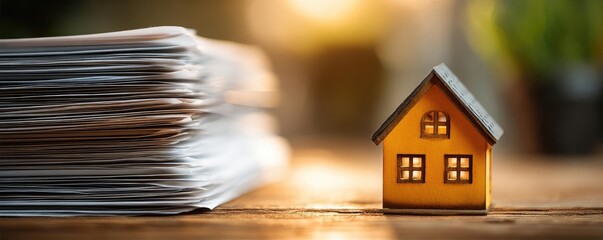 Person reviewing documents with house concept. A small house model beside a stack of papers and documents.