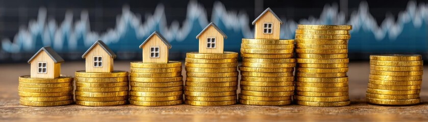 Stacked coins with houses on chart concept. A stack of coins with miniature houses representing real estate growth.