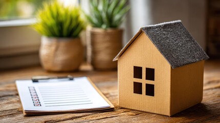 Cardboard house with checklist concept. A charming model house on a wooden table with a checklist nearby.