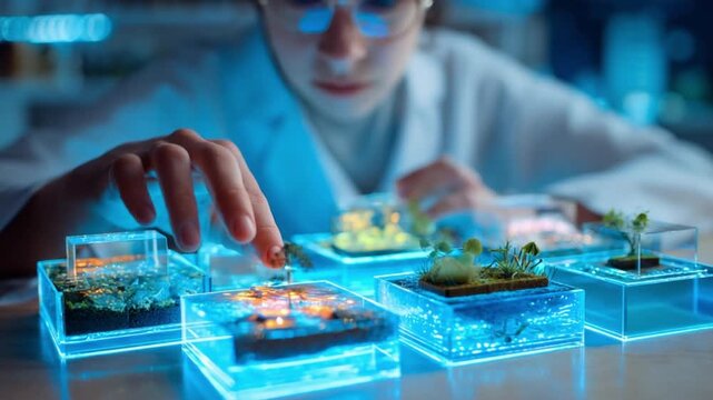 Scientist's Innovative Examination: A scientist, in a modern laboratory, meticulously examines miniature ecosystems encased in transparent blocks.
