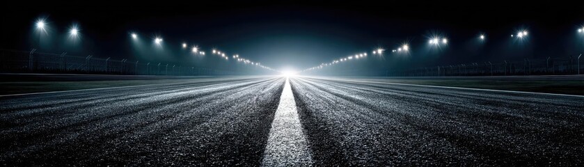A close-up of illuminated lights on empty track concept. A deserted road illuminated by bright lights at night.