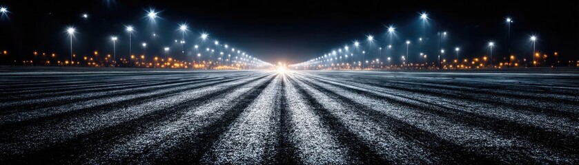 A close-up of illuminated lights on empty track concept. Stunning night view of illuminated roads with dramatic lighting.