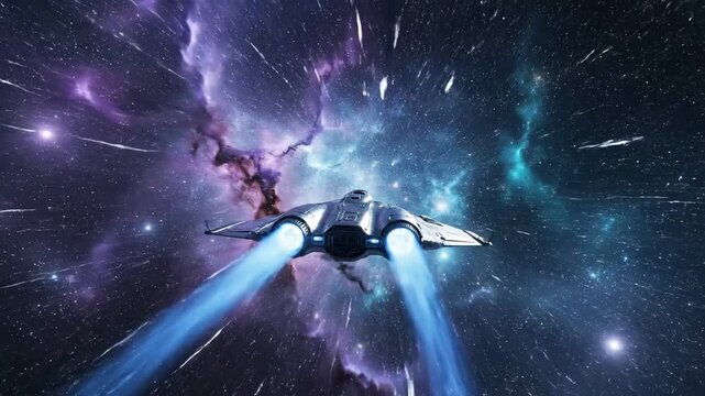 Spaceship soaring through vibrant cosmic nebula with bright star
