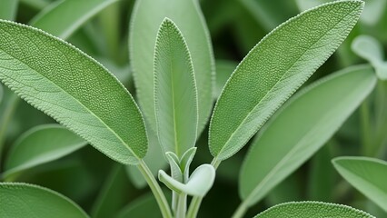 Organic clary sage foliage close-up, green botanical background