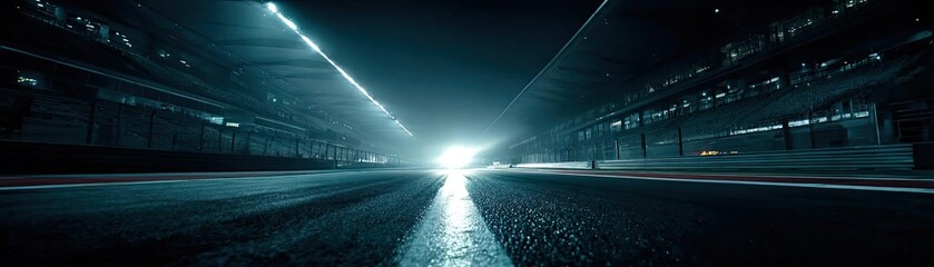 A close-up of illuminated lights on empty track concept. A dramatic night scene of an empty road illuminated by lights.