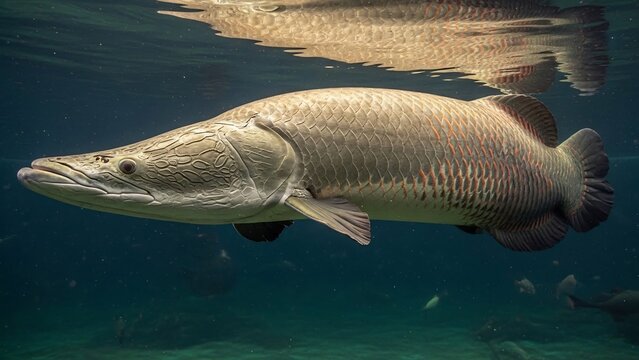 水中を優雅に泳ぐ巨大魚アラパイマの姿を捉えた印象的な写真