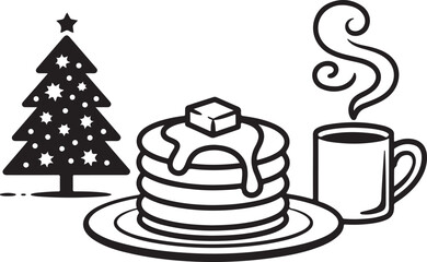Christmas morning breakfast with pancakes and hot coffee