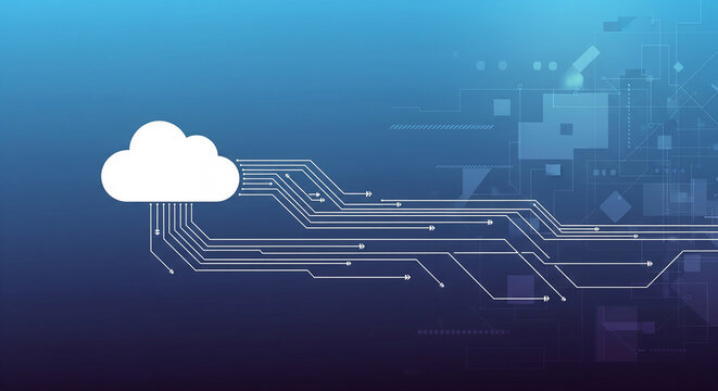 Cloud Computing Circuit Board Illustration in Blue, Modern Technology Background for IT Services, - Powered by Adobe