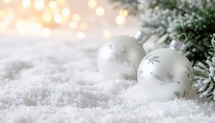 Winter holiday baubles in snow with glowing lights