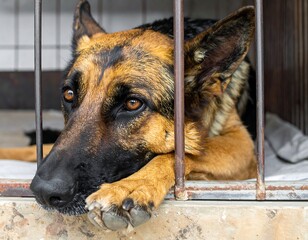 German Shepherd dog looks sadly through cage bars