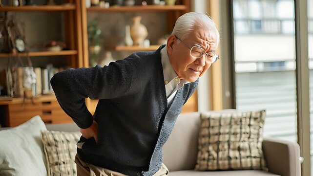 Back pain elderly man suffering home health care senior struggle discomfort living room injury