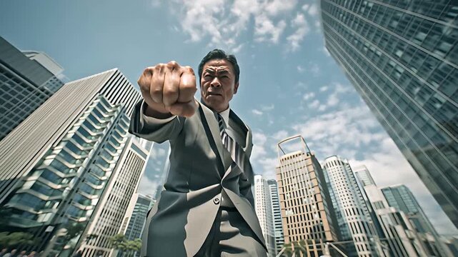 Businessman punch fight aggression city skyscraper conflict stress dynamic power wide angle