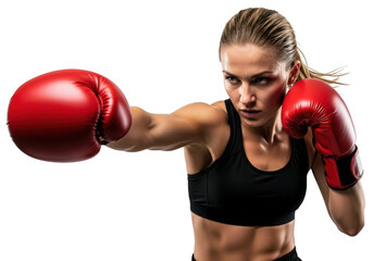Woman boxer throwing a punch isolated on transparent background